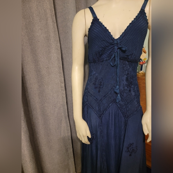 Fairycore Bohemian Lace Up‎ Blue Sundress Midi Fairy Grunge Hippie Festival Sz L - Picture 3 of 9